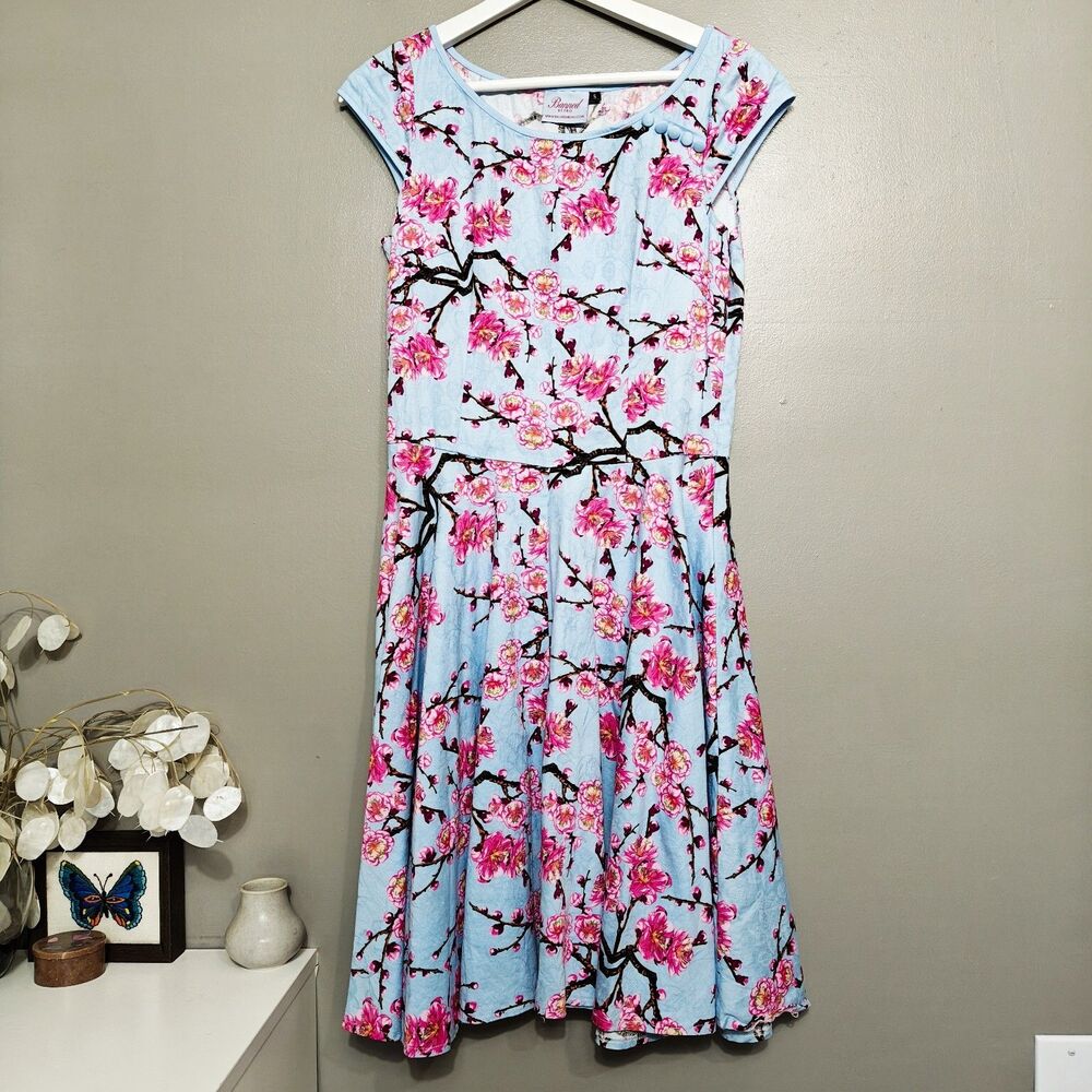 Banned Retro Cherry Blossom Swing Dress Womens Size Small Blue Pink Fit &Flare